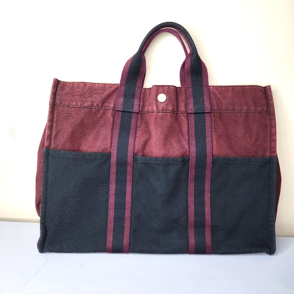 Hermes MM Fourre Canvas Tote Navy Blue and Burgundy Silver Hardware